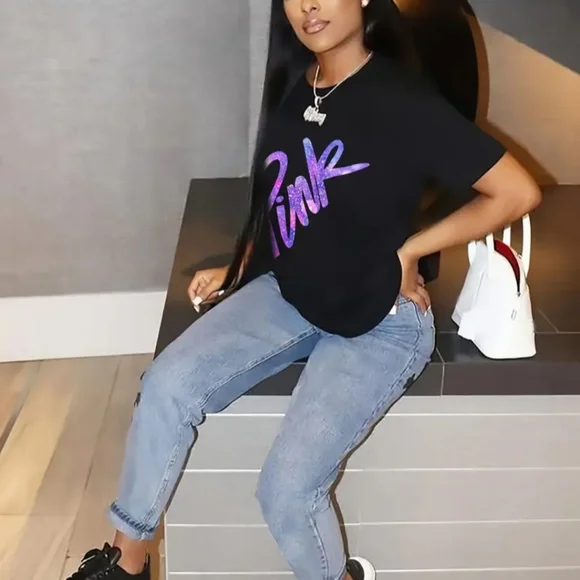 NWT !! Black T-Shirt with the Word PINK Printed on Front in Gradient Lettering💖 - Picture 10 of 16